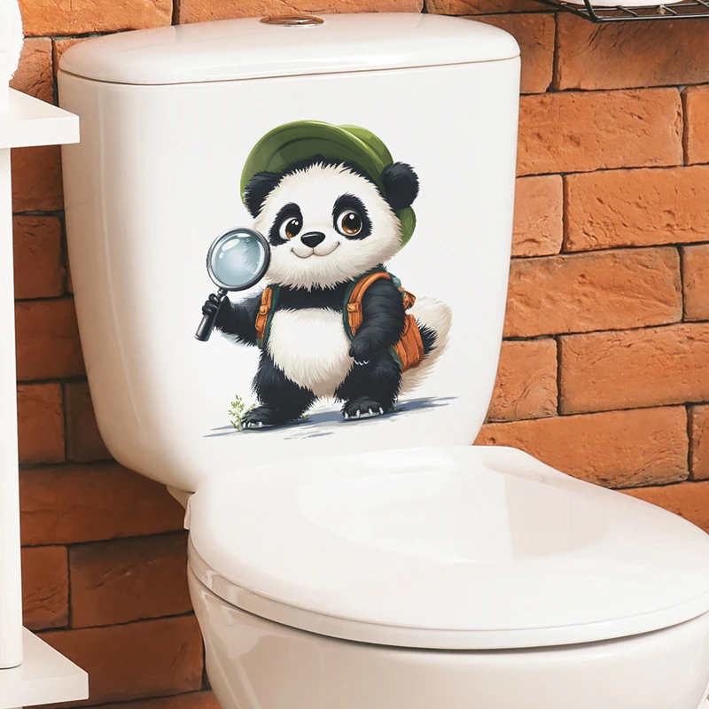 Cute Baby Panda Travel to See World Toilet Stickers 3D PVC Wall Decals for Home Kids Bedroom Living Room WC Bathroom Decorations