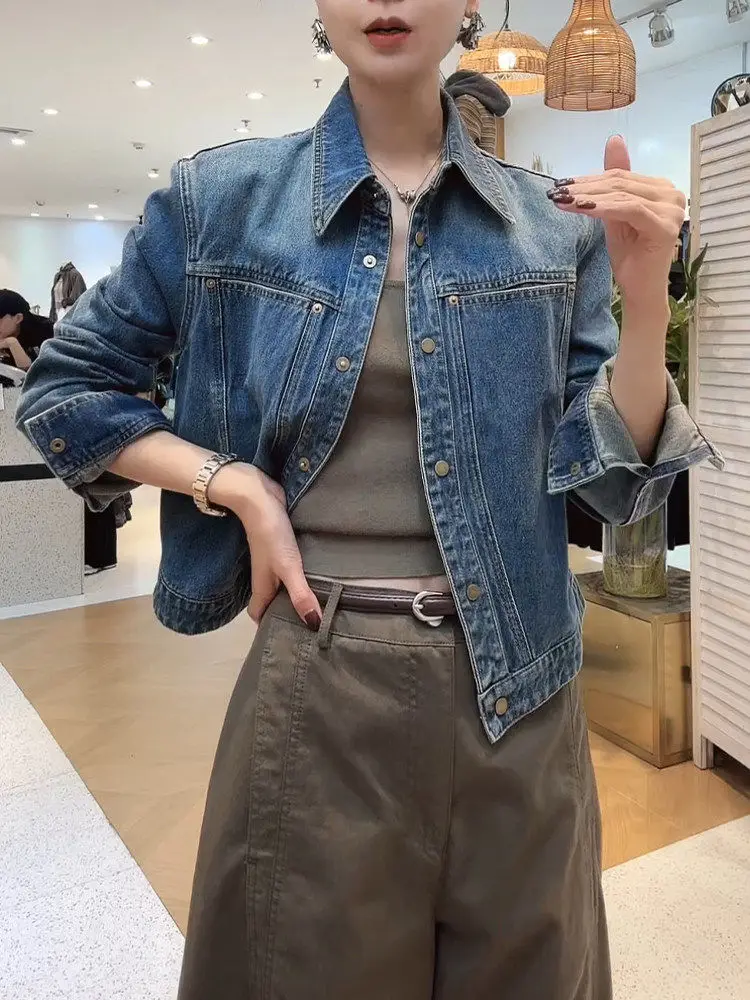 

Ретро-куртка из денима в гонконгском стиле с длинными рукавами и воротником, женская повседневная верхняя одежда, новая корейская версия, свободный крой, весна-осень