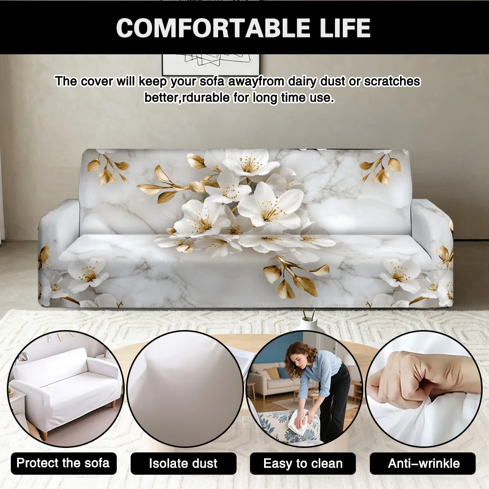 1pc Elegant White Cherry Blossom Gold Leaf Print Stretch Sofa Cover, Marble Texture Couch Slipcover for Luxury Home Decor