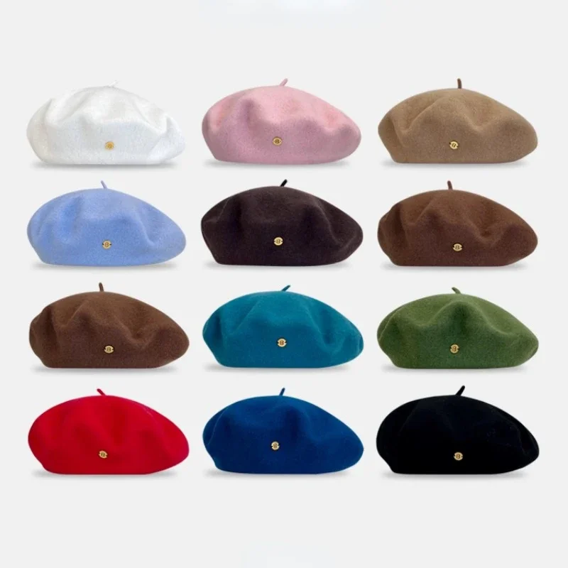 女性用ウールベレー帽,韓国版,金属ラベルデザイン,用途の広い,無地,気質画家の帽子,大きなレトロ