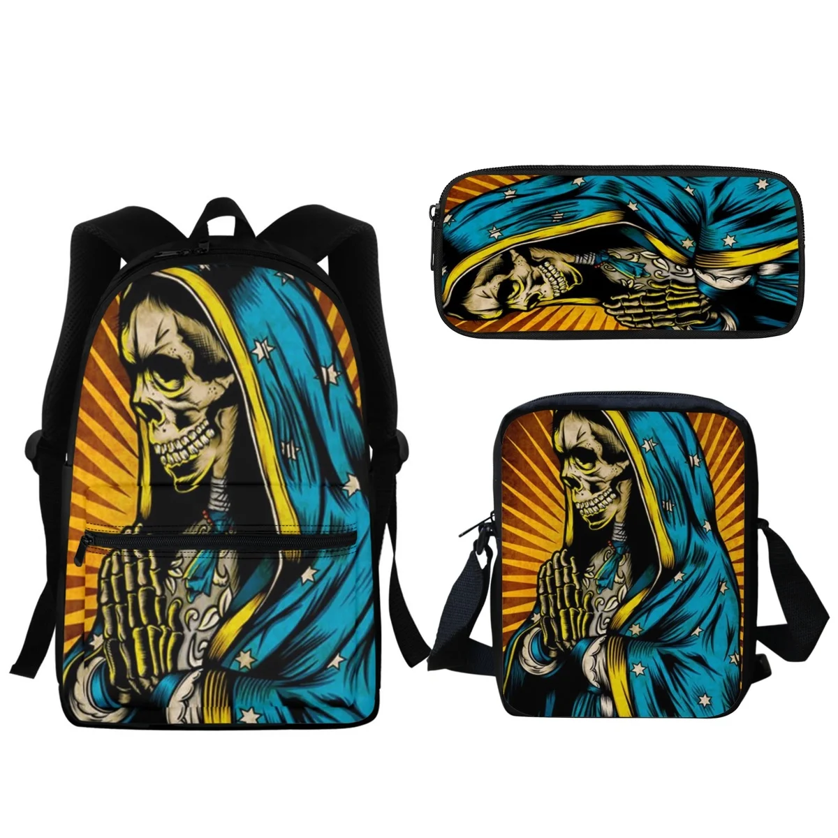 3PC Cool Boys School Bag Horror Skull Design Kids Zipper Backpack Travel Portable Shoulder Bags Pencil Case Stationery Organizer