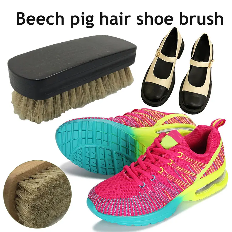 Brosse à Chaussures en Poils de Cochon, pour Pantoufles, Baskets, Livres, Nettoyeur de Bottes, Manche en Bois, Utile