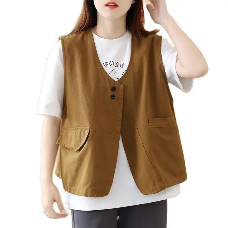 2023 New Fashion Ladies Vest Loose Big Size Spring And Summer Sleeveless Pocket Coat Tooling Jacket Pocket Women Waistcoat