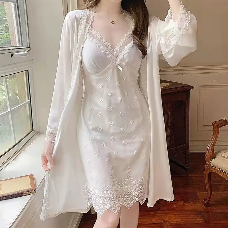 

French Elegant Sexy Dress Nightdress Women Lace Nightgown Vintage Party Dresses Women Clothing Gloss Pajamas Lace Vestido