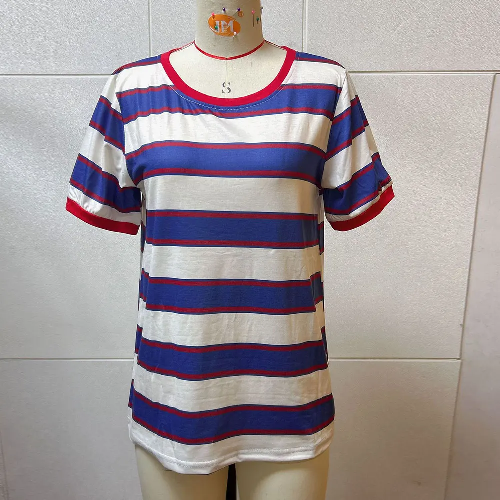 New Summer Women's Spliced T-shirt Large Stripes Loose Casual Strip Versatile Shirts Top Tops