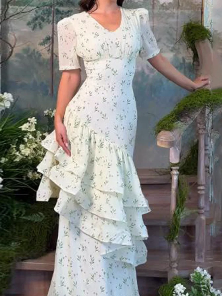 

Женское шикарное платье с V-образным вырезом, рукавами-фонариками и оборками, кремовое, с цветочным принтом, присборенной талией, 2026, новое, для повседневной носки и вечеринок