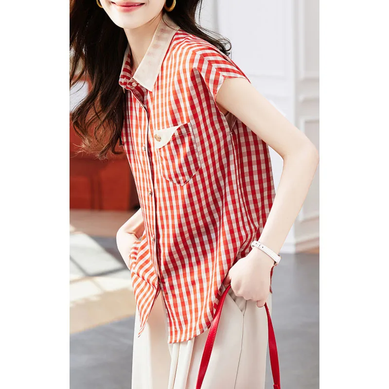 2024 New Women\'s Summer Korean Version Turn-down Collar Button Contrast Color Plaid Fashion Casual Short Sleeve Shirt Tops