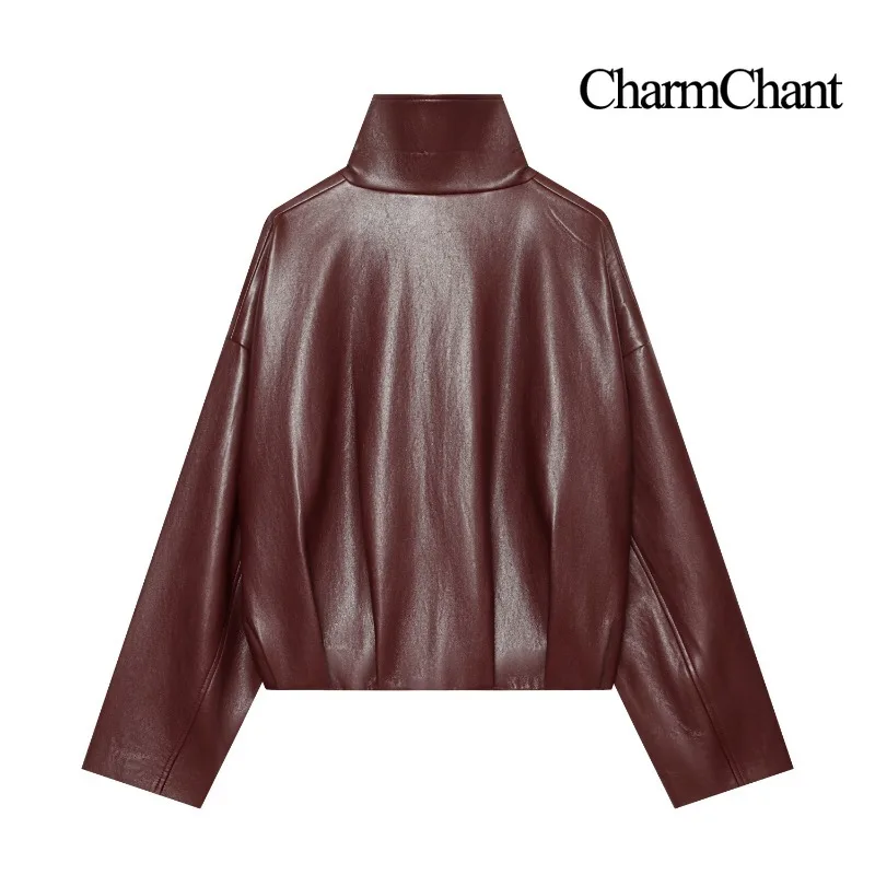 CHARMCHANT Women's Stand Collar Zip‑Up Faux Leather Cropped Jacket Pleated Loose Coat For Daily Street Wear Autumn 2026