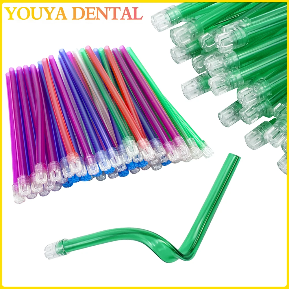 100Pcs Dental Saliva Ejector Disposable Suction Tip Flexible Evacuation Pipe Clear Tip Colorful Tube Long Slim Type Suction Tips