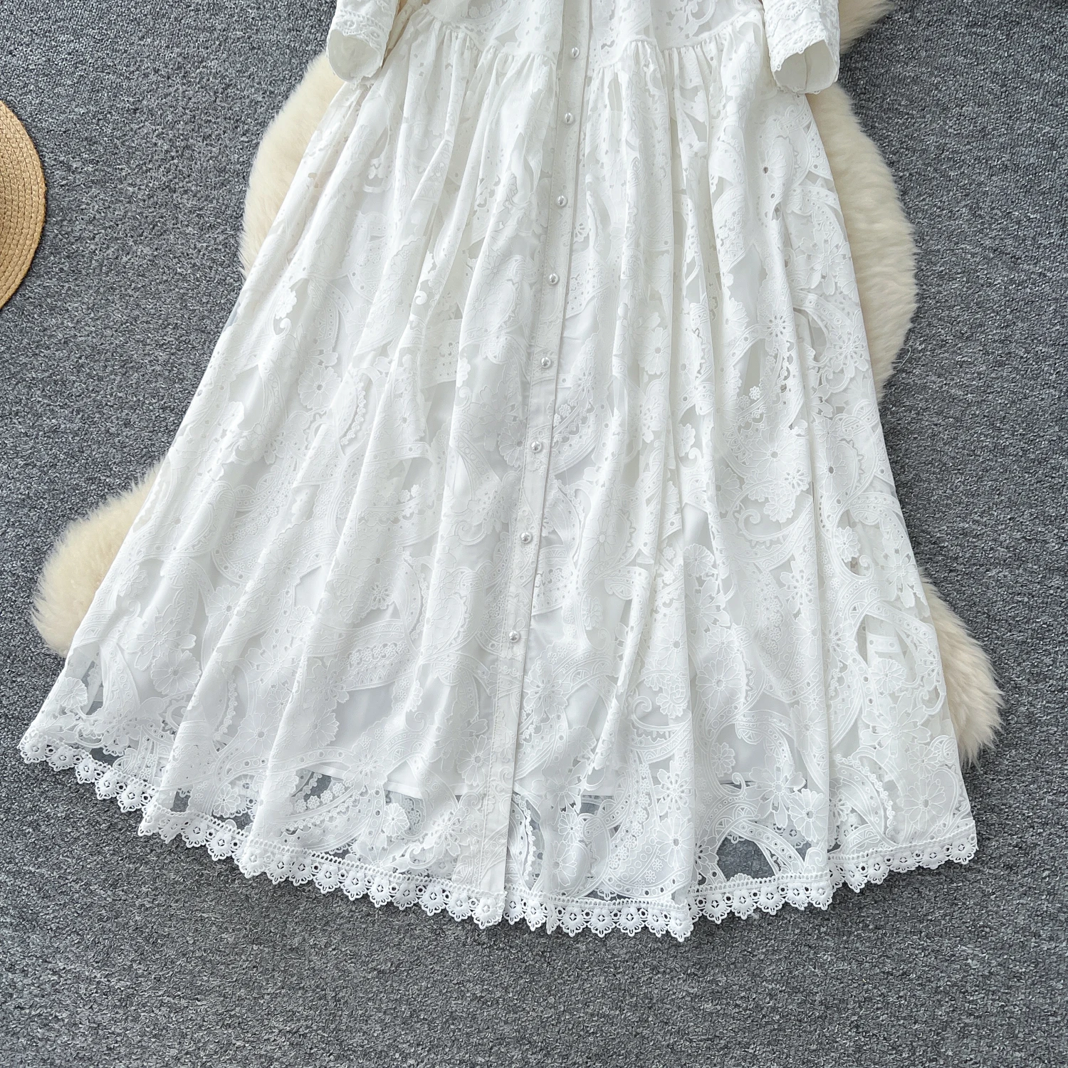 Luz de luxo estilo francês lanterna mangas vestido feminino outono tule recorte crochê plissado design sentido retro longo vestido de noite