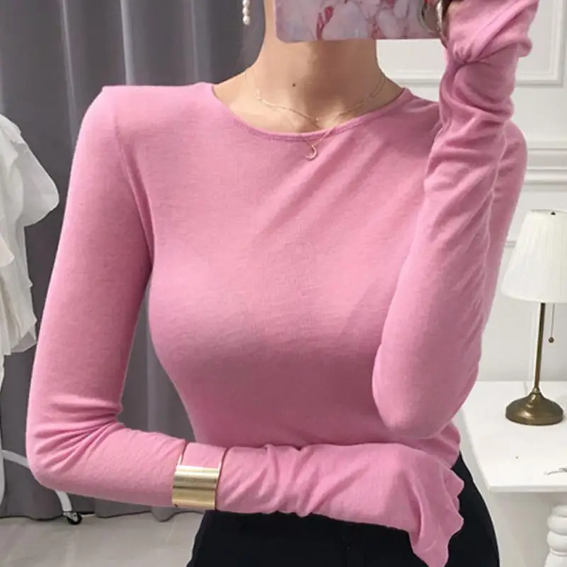 Women Long Sleeve Shirt Slim Fit Commuter Top Sexy Soft Shirt Comfortable Autumn Winter Spring Stretch Round Neck Undershirt