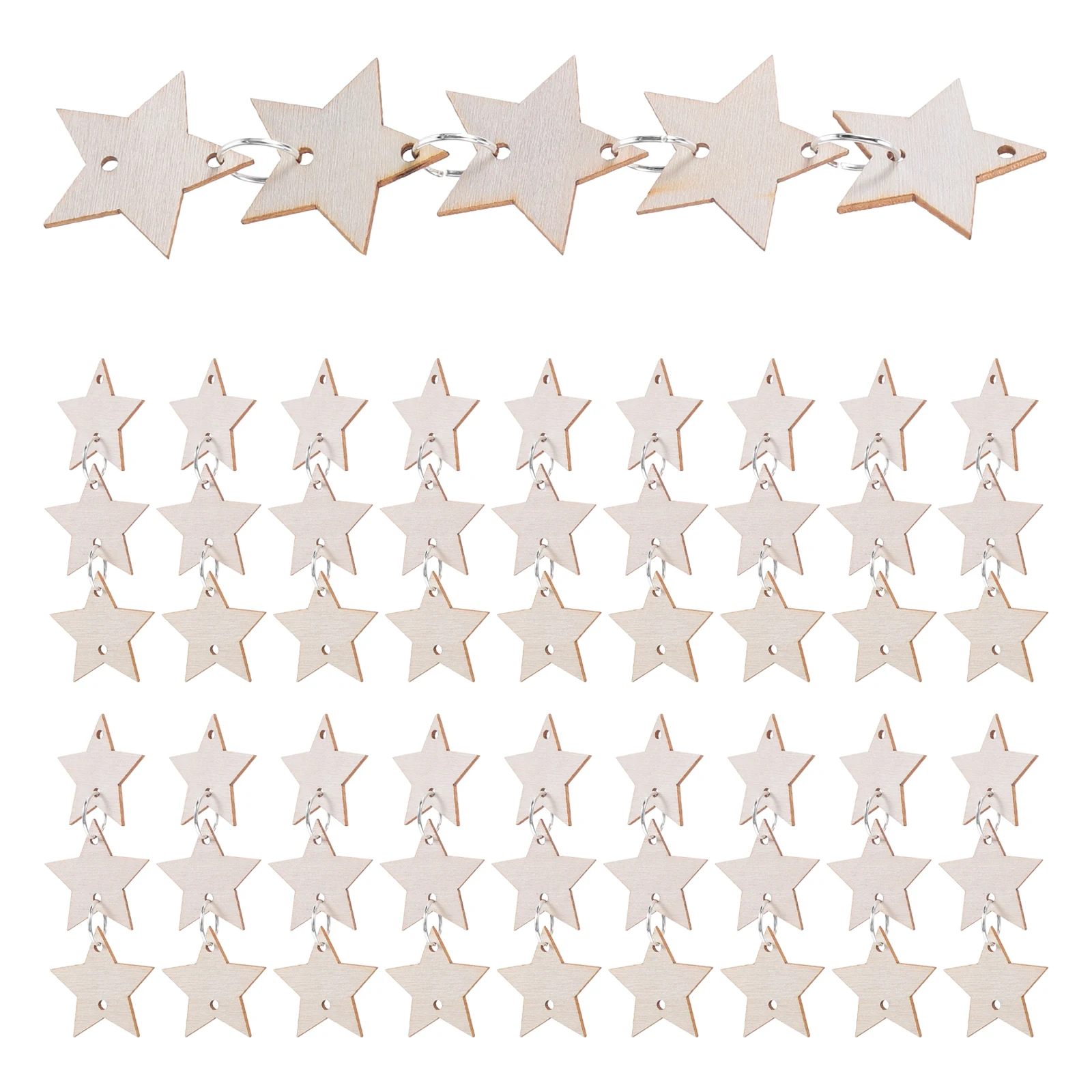 

80Pcs Wooden Stars Blanks Unfinished Star Wooden Decoration Metal Rings Wood Star Craft Supplies Bulk Christmas Party Calendar