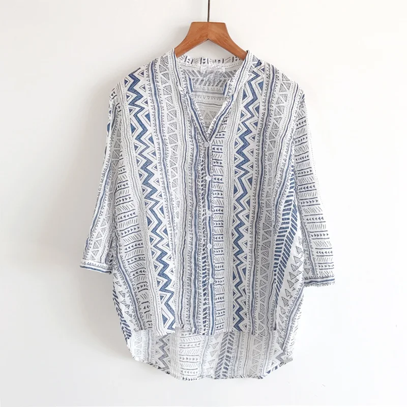 

Vintage Printed Cotton 100% Women Shirts Summer 2022 V-Neck Half Sleeved Loose Casual Female Outwear Blouse Tops