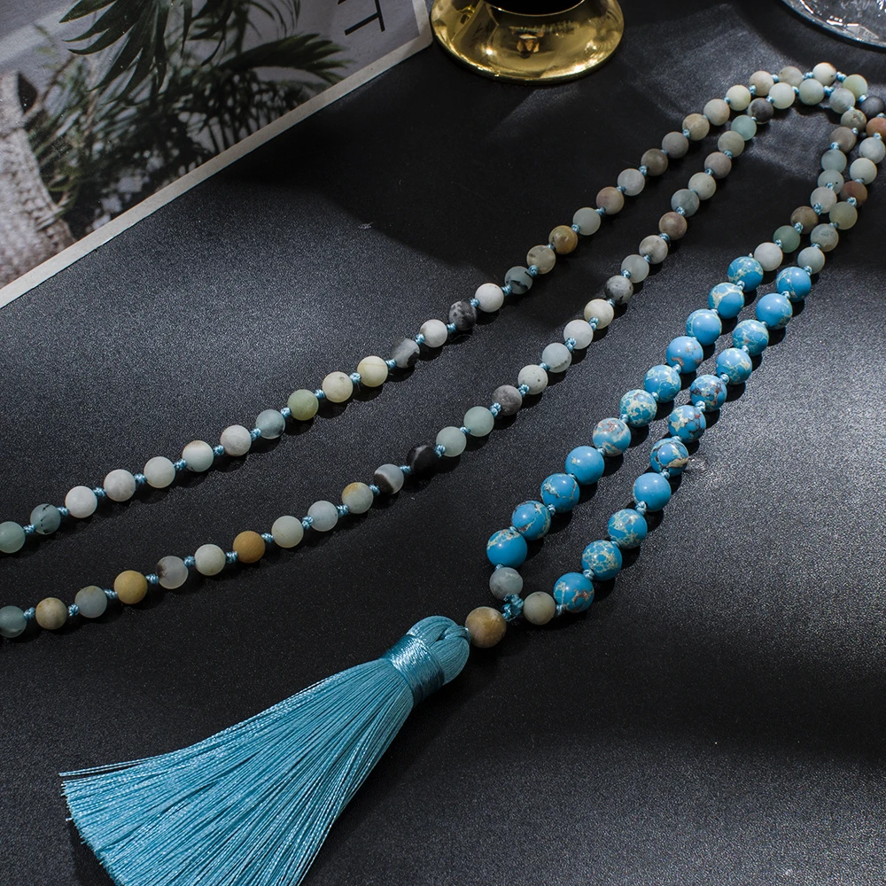 6mm Matte Amazonite with 8mm Emperor Turquoise Beaded 108 Mala Necklace Meditation Yoga Prayer Japamala Rosary Tassel Jewelry