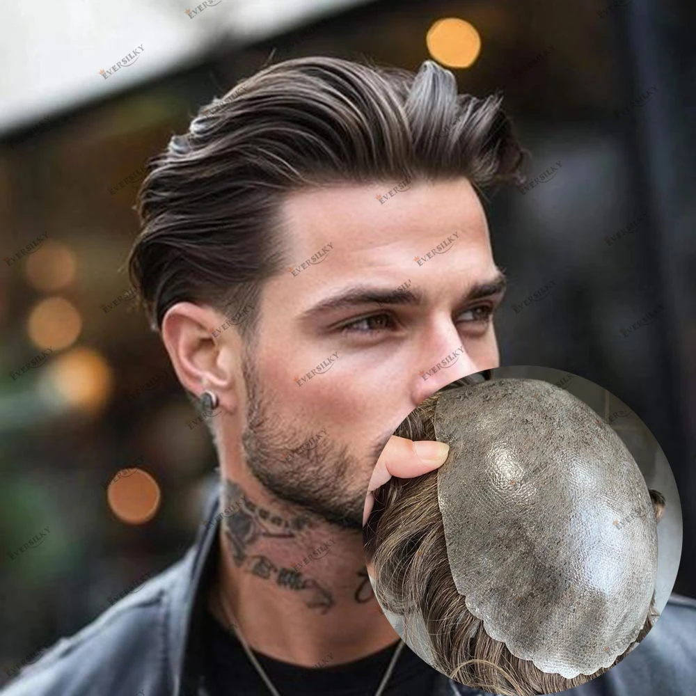 شعر بشري للرجال أرخص قاعدة الجلد 0.1 ملم حقن استبدال الشعر المستعار للصلع أشقر بني # 4 # 6 باروكات رجالية أوروبية #1