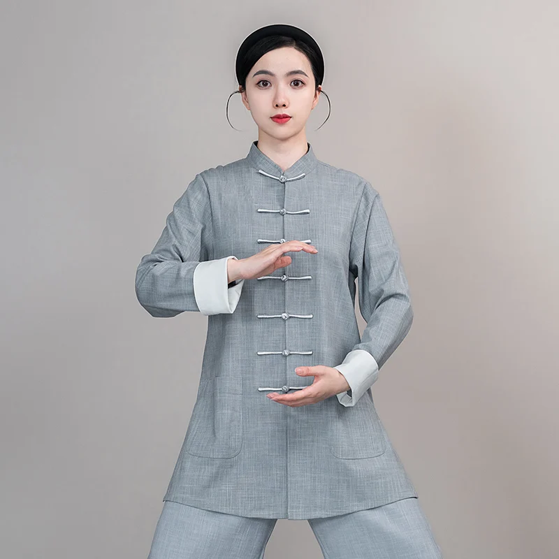Unisex 2023 Spring Autumn Silk Linen Tai Chi Set - Contrast Button & French Cuff for Martial Arts Practice & Performance