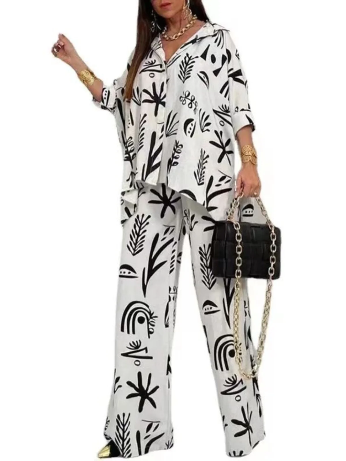 

Floral Print Collar Long Sve irt Set Women's Casual Sportswear Two-Piece Polyester Suit Seven-Foot Sve Flip-Collar