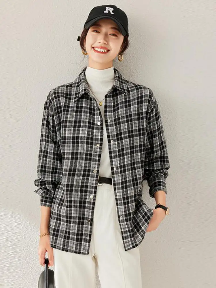 

Korean Vintage Autumn Black Plaid Single Breasted Long Sleeved Vacation Shirt Women Clothing Elegant Versatile Blouse Tops Trend