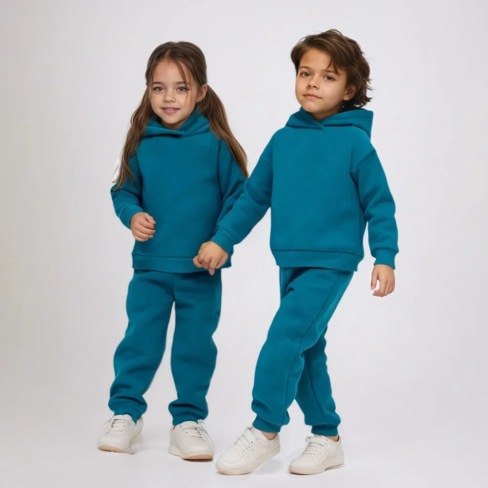 

Thicken Hooded Sweatsuit for Children Fleece Lined Long Sleeve Pullover + Pant Sports Style Kids Tracksuit