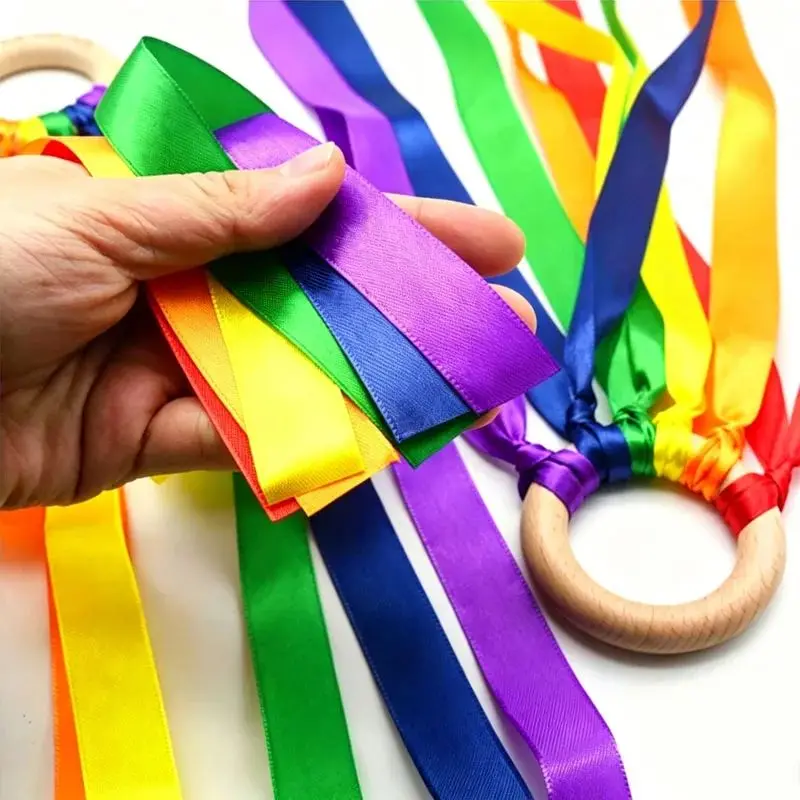 2PCS Dancing Wrist Ribbons Rainbow Ribbon Hand Kite With Wooden Ring Kids Educational Toys Birthday Party Favors Gifts