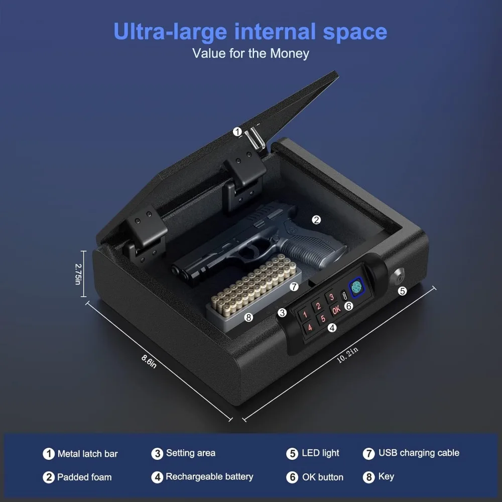 

Gun Safe,Biometric Gun Safe for Pistols 3-Ways unlock Safe Fingerprint Digital PIN Key Unlock with Voice