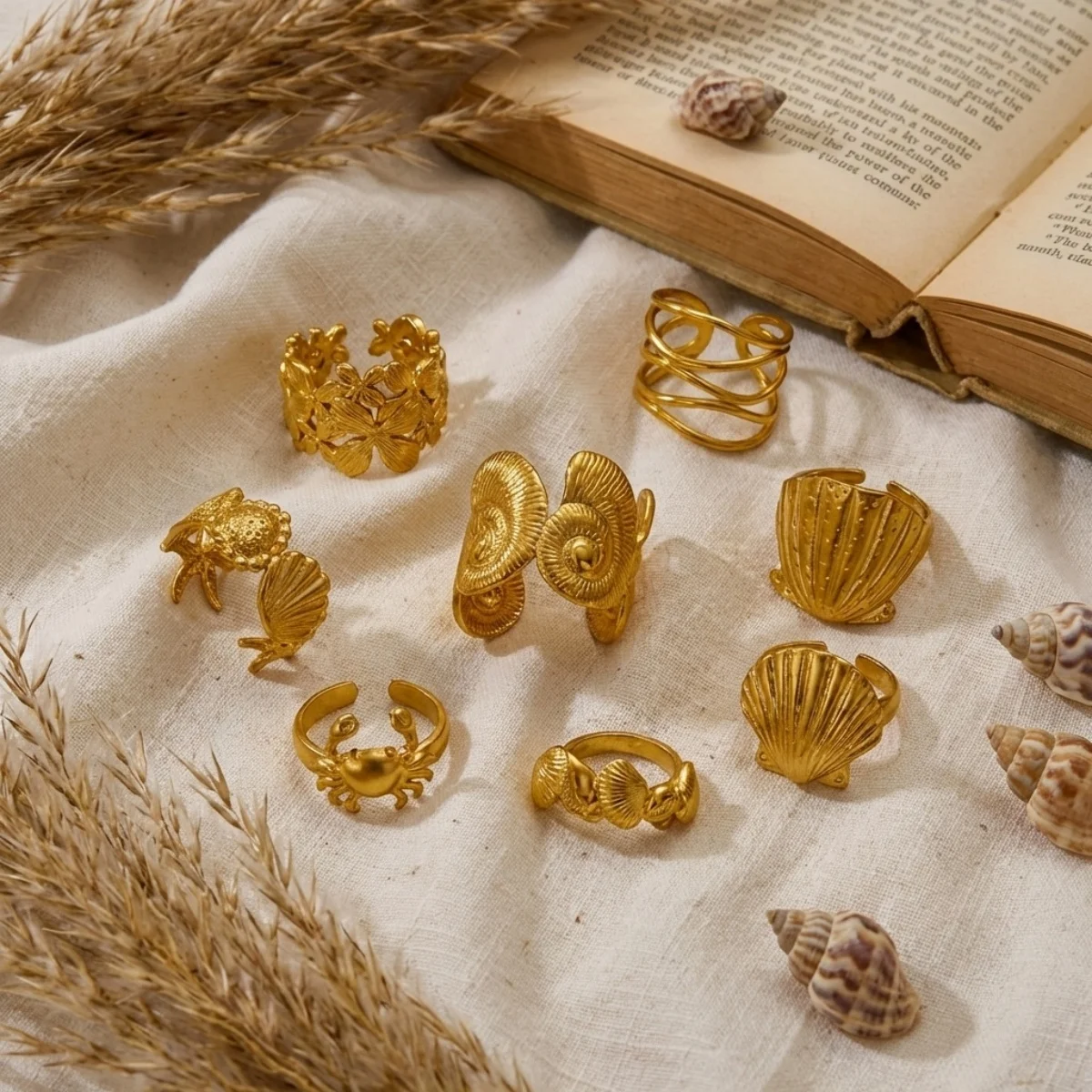 Edelstahlringe mit Muschel-, Krabben- und Blumenmotiven für Damen und Herren, Strand, Schmetterling, geometrischer Ring, Schmuck – Detail 24