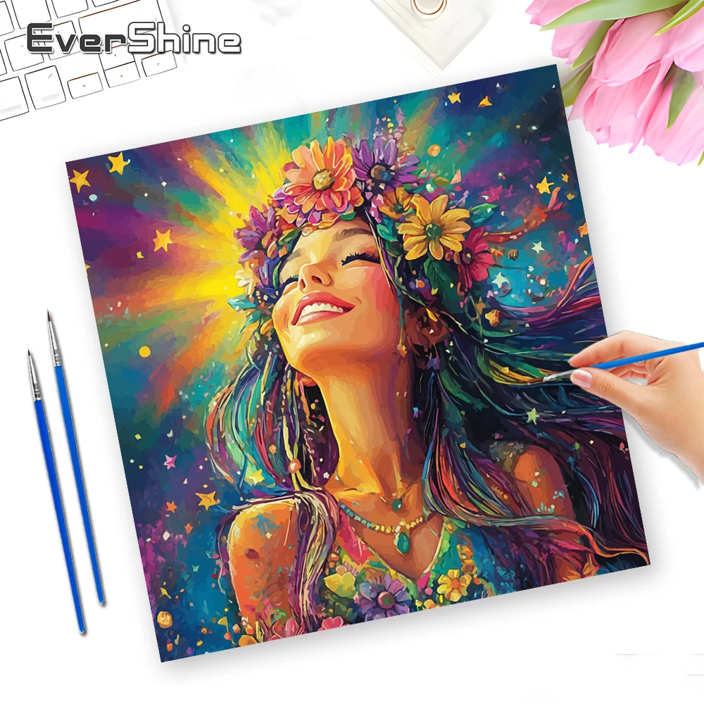 EverShine Malen nach Zahlen Set, Porträtzeichnung auf Leinwand, Mädchen, bunte Leinwand, Blume, Neuheiten, Wanddekoration