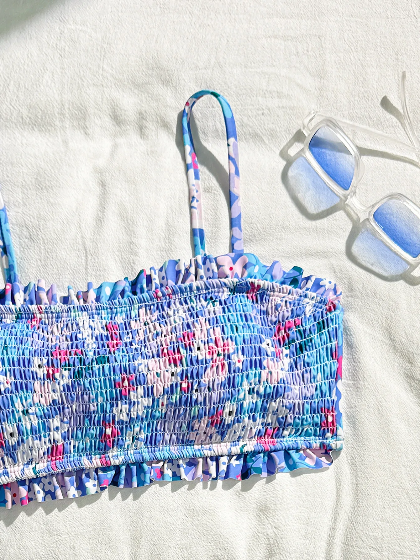 Sexy Blumendruck faltige Bandeau-Bikinis-Sets zweiteilige Tanga-Badeanzüge Bademode conjunto de bikini tankini beachwear biquini