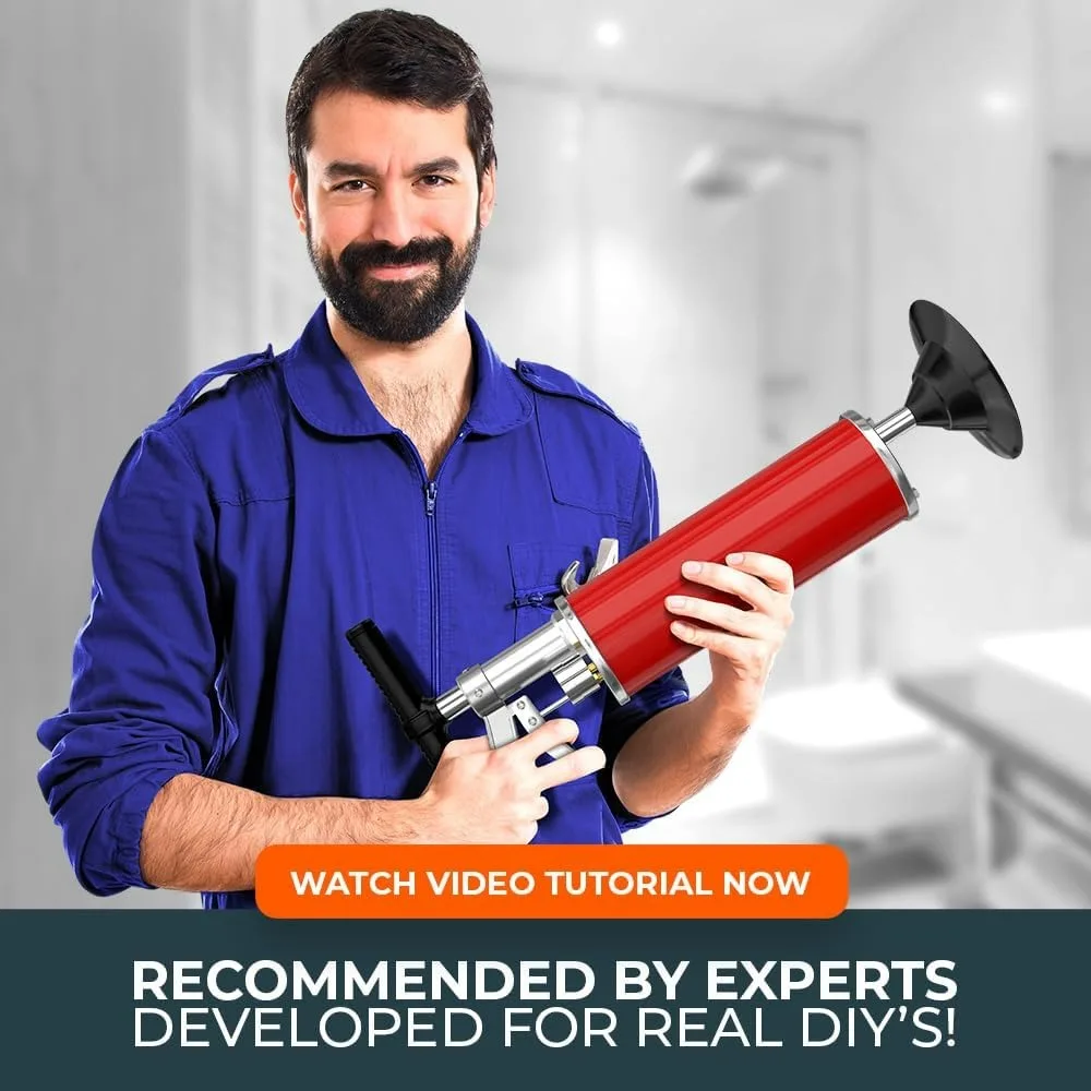 Blaster de drenagem XXL com acessórios duplos - êmbolo de ar de alta pressão de 100 PSI para bloqueios severos