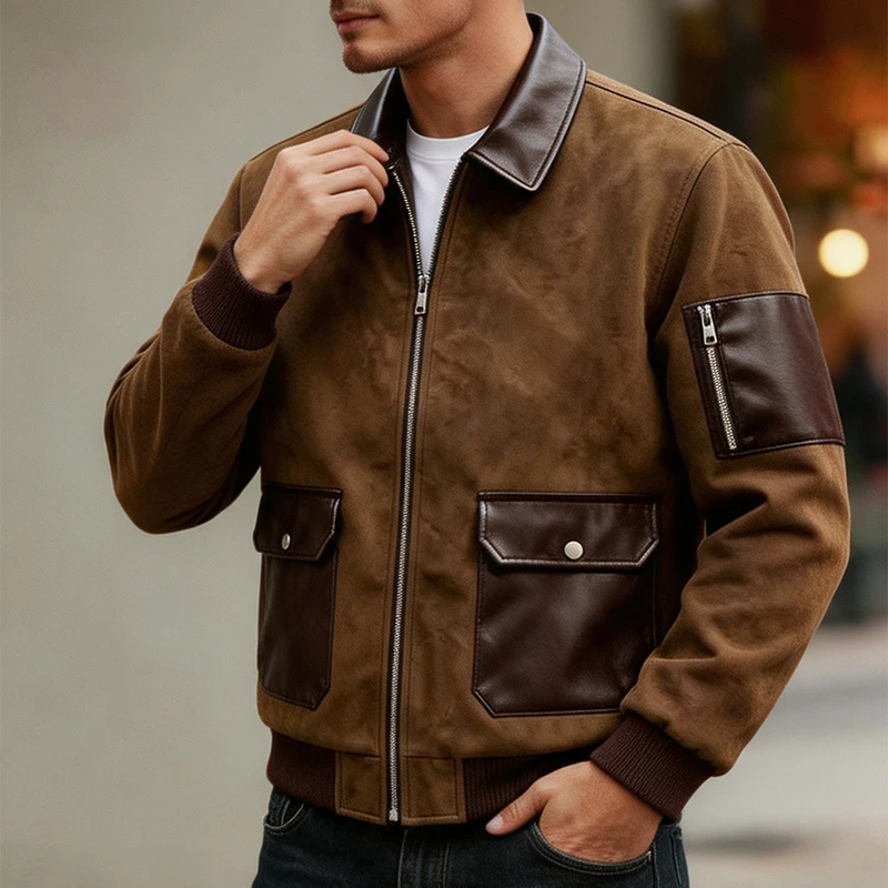 Classic Contrast Color Suede Jackets Mens Vintage Zip-up Lapel Patchwork Jacket Coat Men Stylish Leather Pocket Design Outerwear