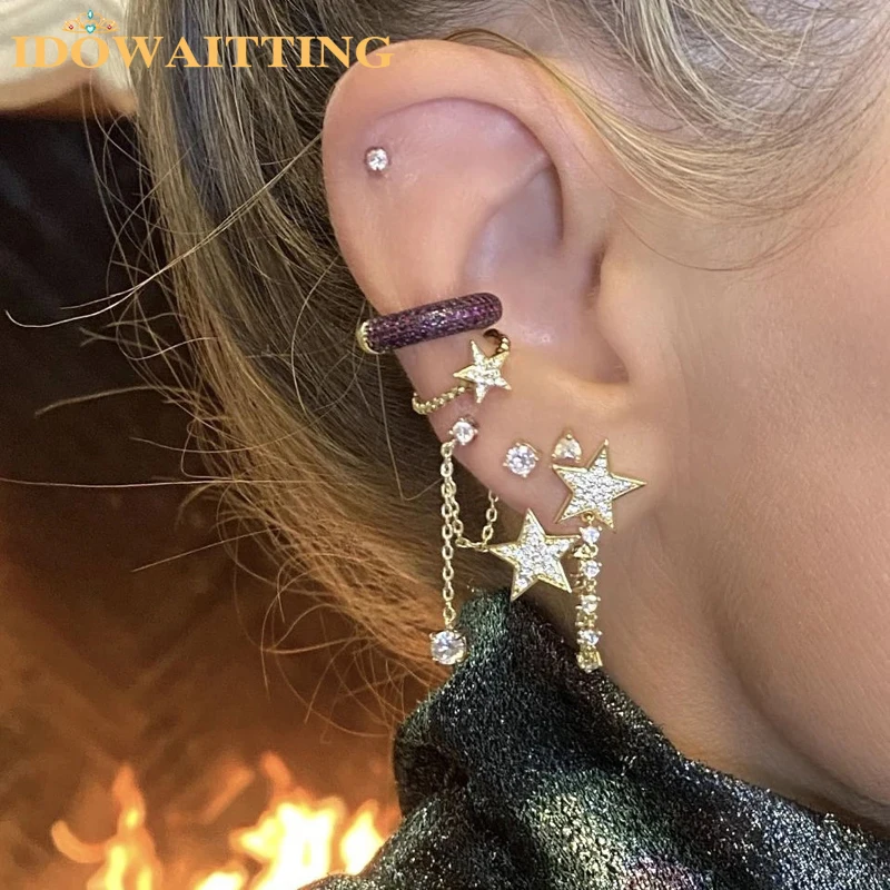 New Arrive Bling CZ Paved With Tassel Chain Star Shaped Multi Piercing Double Sided Fashion Gold Plated Earring For Women