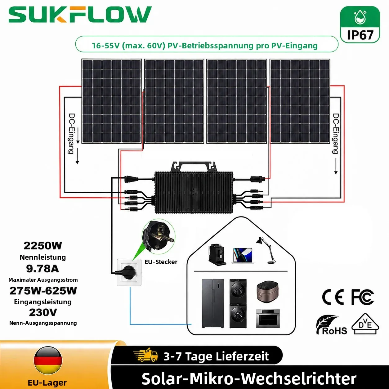 2250W Solar-Mikrowechselrichter Plug-and-Play 4 MPPT WiFi-Überwachung IP67 Wasserdicht Balkon Haus Netzgekoppelter PV-Wechselrichter