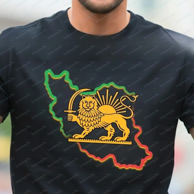 Iran Löwe und Sonne Feuchtigkeitsableitendes Unisex-Baumwoll-T-Shirt Persischer Stolz Freiheit Tee Karten-Grafik O-Ausschnitt Bedruckte Oberteile Herrenbekleidung