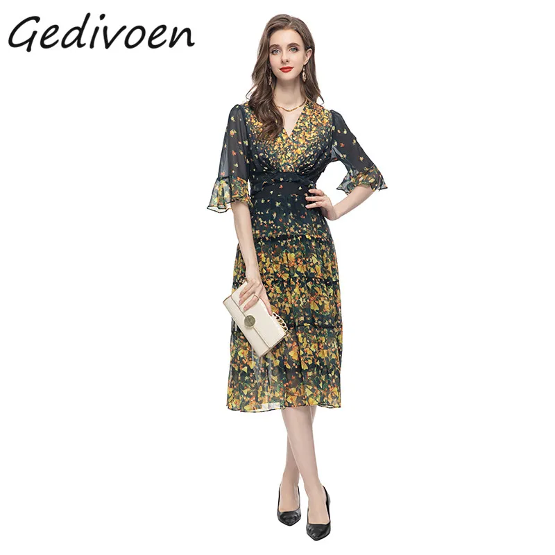 

Gedivoen Summer Fashion Designer Vintage Pleated Dress Women's V-Neck Ruffles Splicing Elastic Waist Slim Party Print Midi Dress