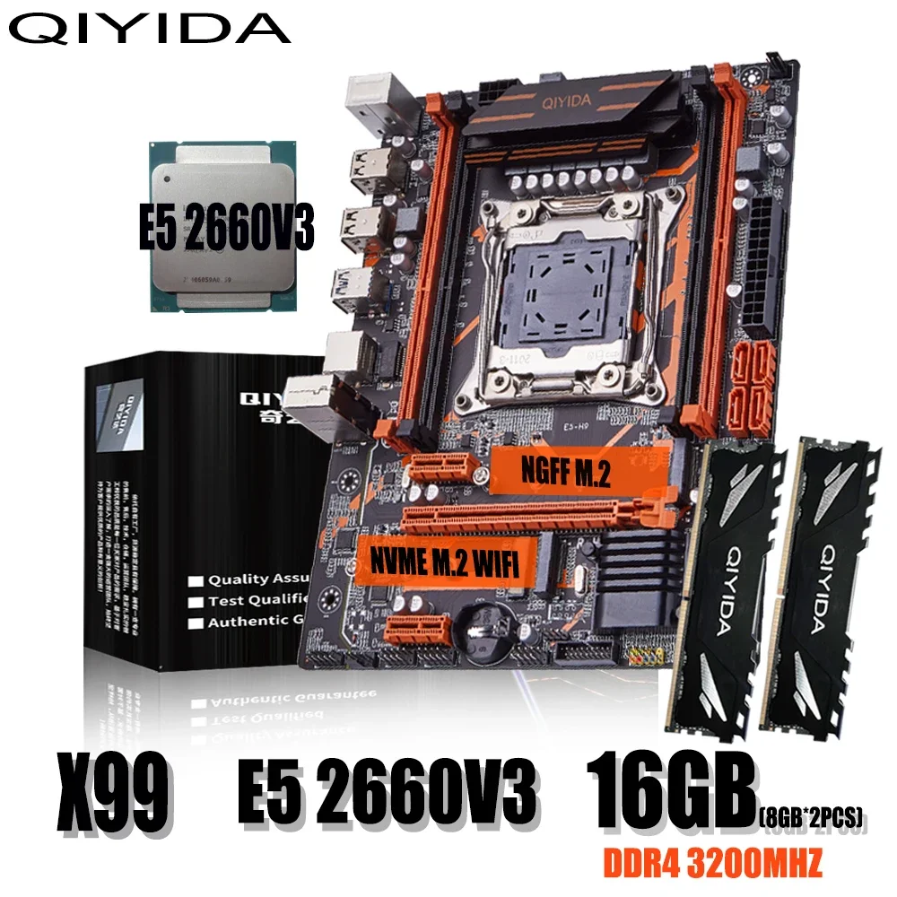 Qiyida X99 motherboard set LGA2011-3 E5 2660V3 2pcs*8gb=16GB 3200MHz DDR4 4 channels SATA 3.0 nvme M.2 E5 H9