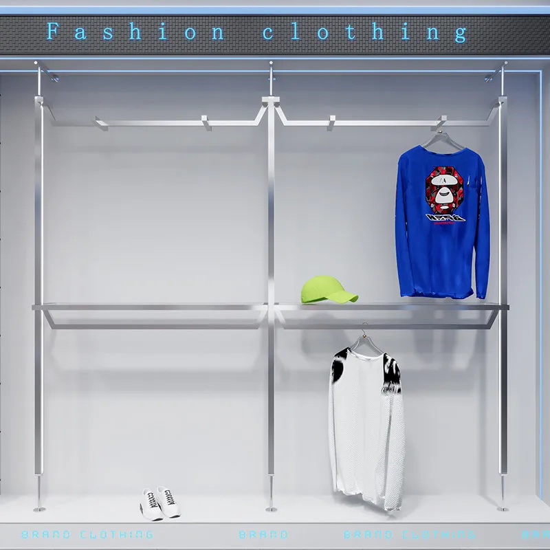 Clothing store display rack, wall column, fixed up and down, stainless steel clothes rack, special display rack for men's