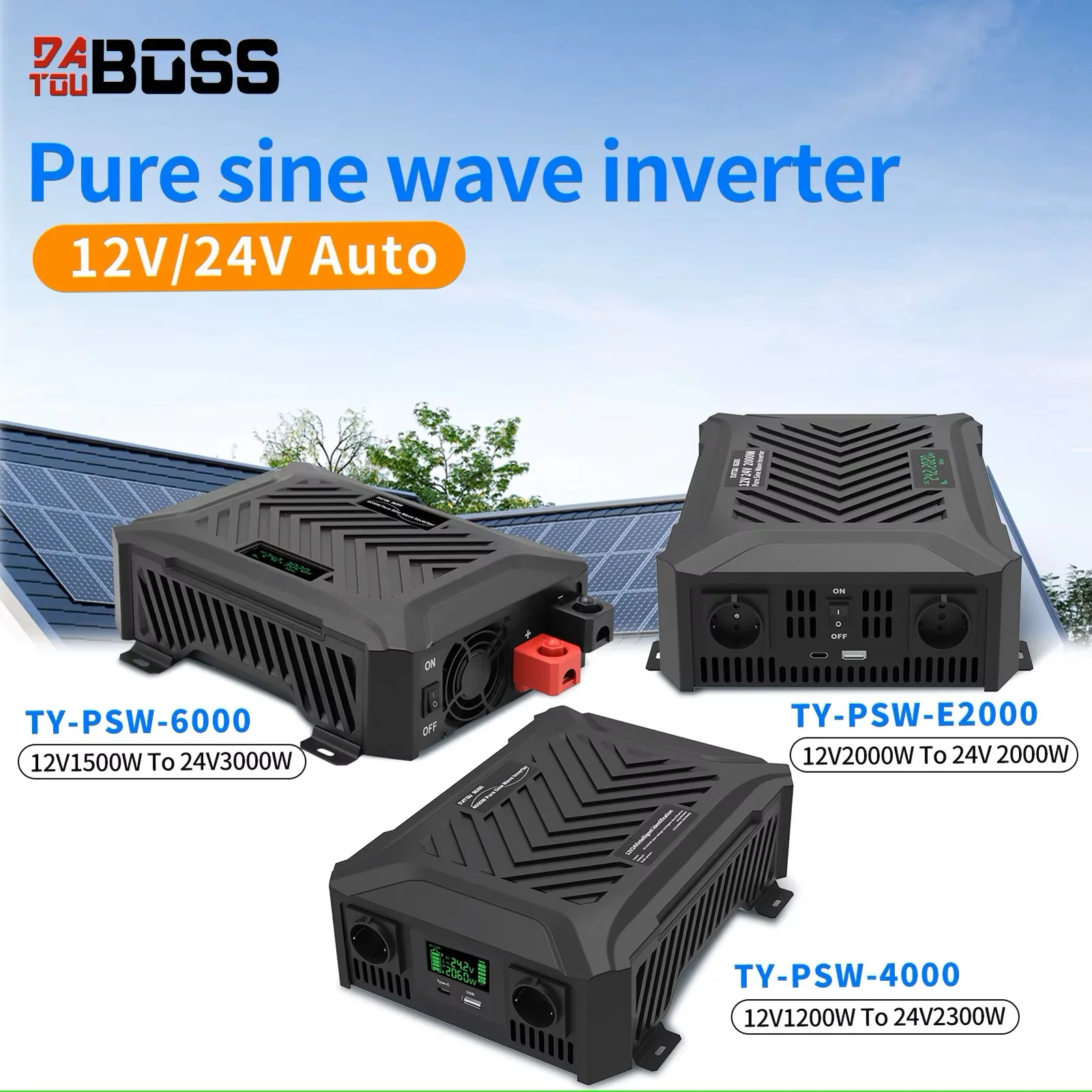 DATOUBOSS Portable Car Inverter 1200W 2000W 3000W Pure Sine Wave Dual Voltage Inverter 12V to 24V Auto Switching Solar Inverter