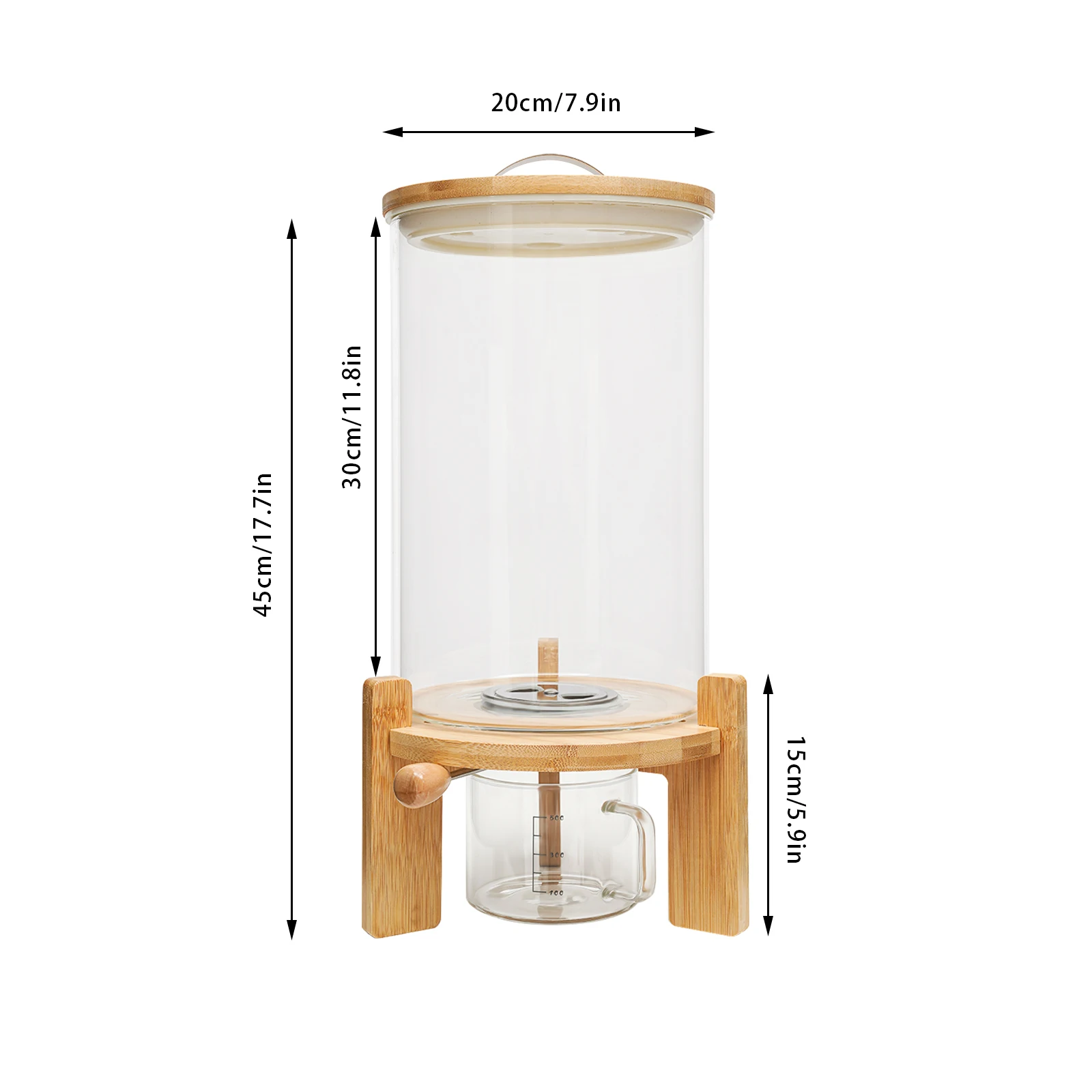 Imagem -06 - Recipiente Grande de Grão com Tampa Doseador de Arroz Recipiente de Vidro e Suporte Feito de Madeira de Bambu Doseador de Cereais 7.5 l