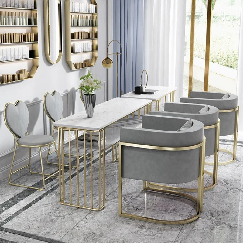 Nordic wrought iron double-layer marble manicure table and chair set sofa chair single double gold manicure table