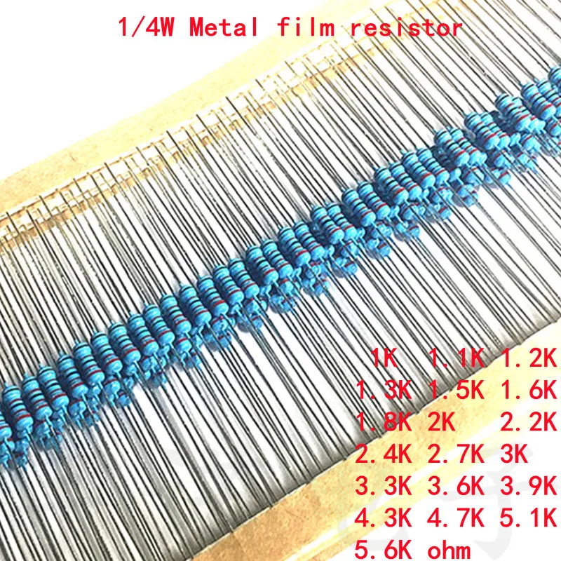 

100piece 1/4W Metal Film Resistor 1% 1K 1.1 1.2 1.3 1.5 1.6 1.8 2 2.2 2.4 2.7 3 3.3 3.6 3.9 4.3 4.7 5.1 5.6K Ohms Good Quality