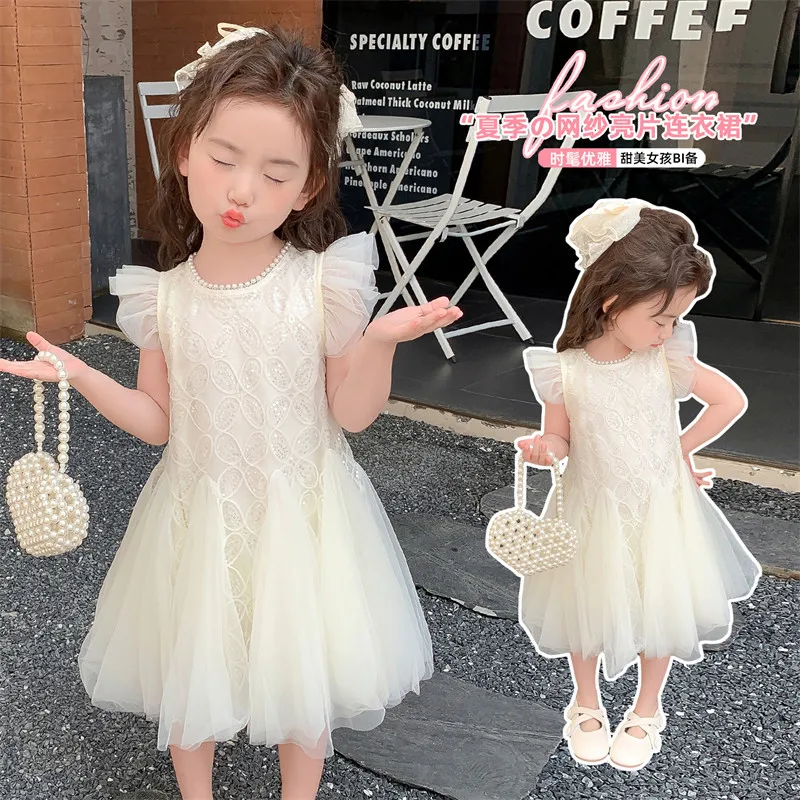 Girls' flying sleeve four-leaf clover princess gauze skirt summer new children's foreign mesh dress summer dress