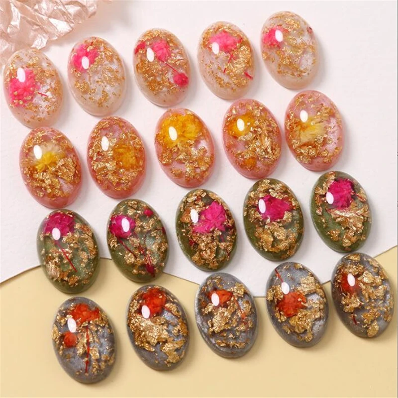 10Pcs/Lot New Dry Flower Gold Leaf Oval Resin Beads Charm Connectors For Diy Earrings Hair Phone Case Jewelry Making Accessories