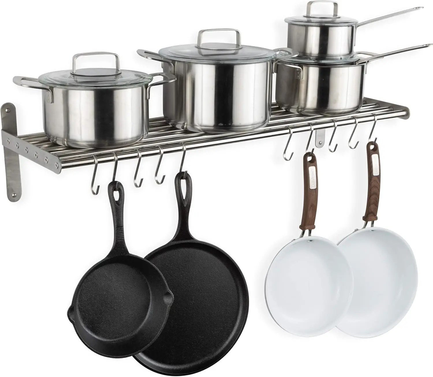 

Stainless Steel Wall Shelf with 10 S Hooks for Kitchen Organization, Pots and Pans Storage Rack