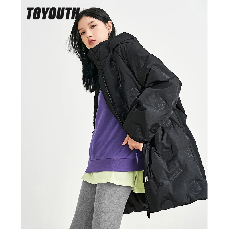 Toyouth-Chaqueta gruesa de plumón de pato con cuello levantado para mujer, abrigo largo cálido a prueba de viento, estampado reflectante, ropa de