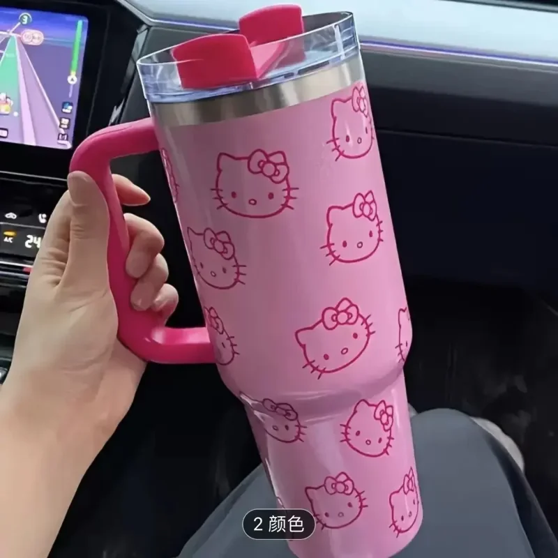 

Изолированная кружка Sanrio Hello Kitty из нержавеющей стали, 40 унций, розовая соломенная кружка с ручкой, соломенные кружки, термос большой емкости, напитки, колы, кофейная кружка