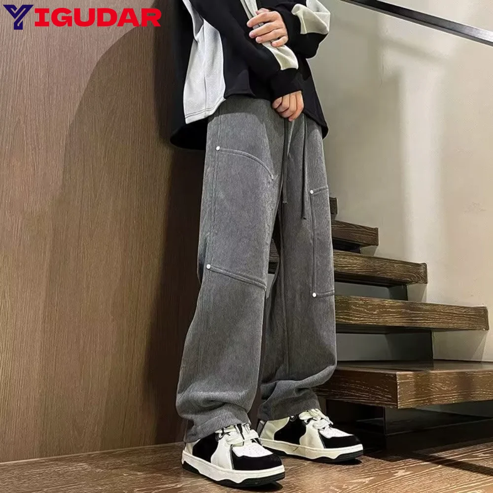 South Korea fashion waist pull rope men pants baggy new loose pocket straight leg casual pants men trousers ropa hombre y2k