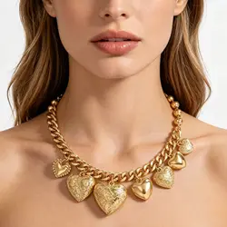ZAA  New Vintage-inspired Gold Tone Cuban Link Necklace with Mixed Engraved and Plain Heart Charms for Women