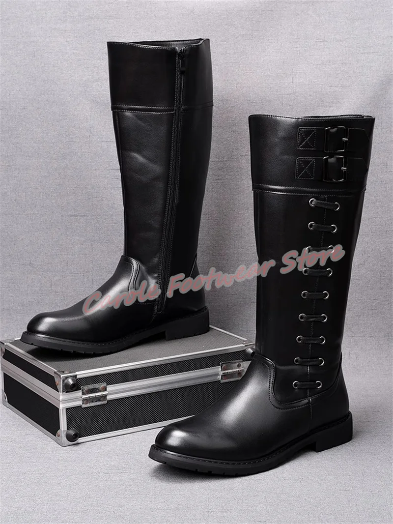 

British Style Lace-Up Male Knee High Boots Round Toe Chunky Heel High Top Long Boots for Men Outside Metal Decor Casual Shoes