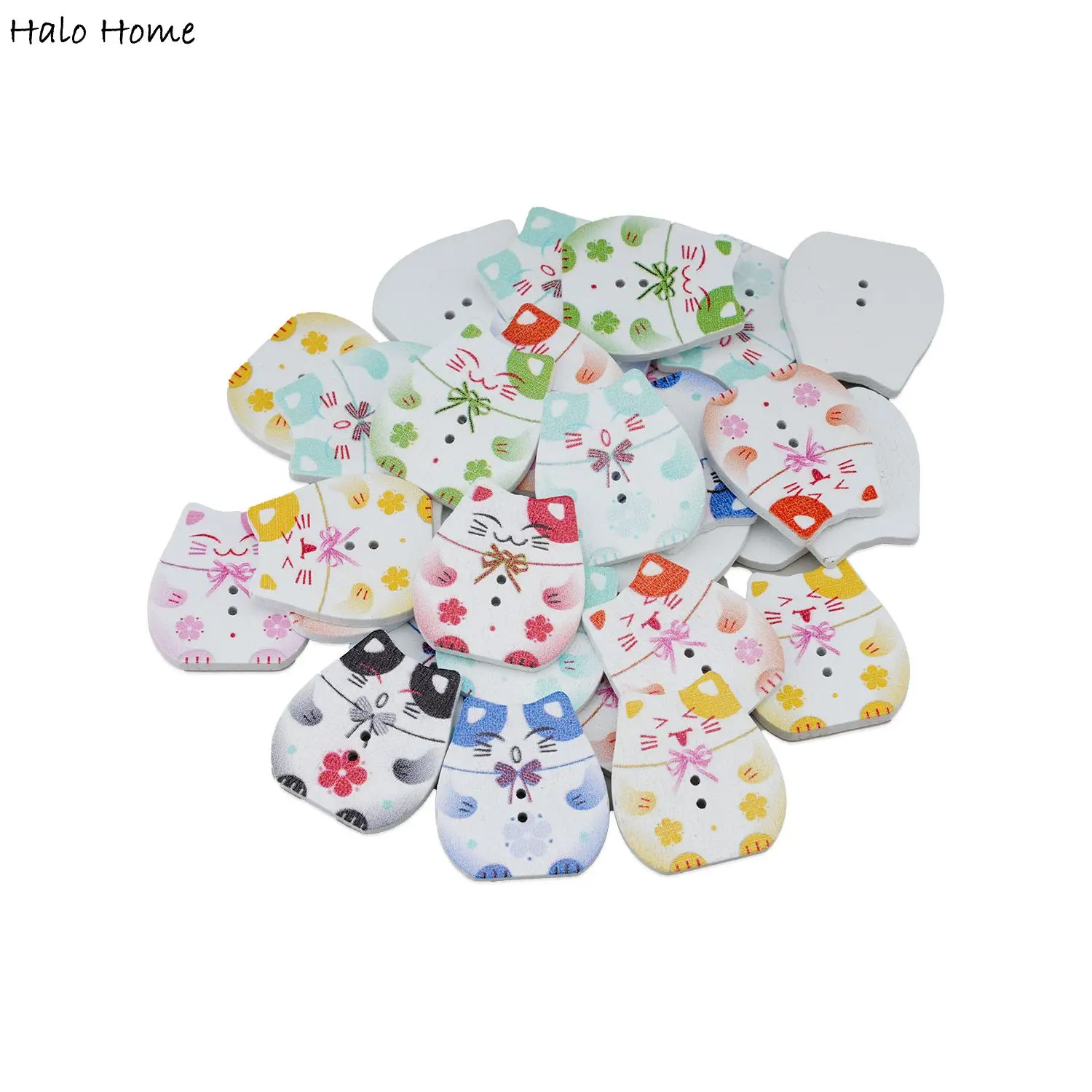 30pcs Lucky Cat Wood Buttons For Sewing Scrapbooking Clothing Headwear Handmade Crafts Home Decor Accessories DIY 25x22mm