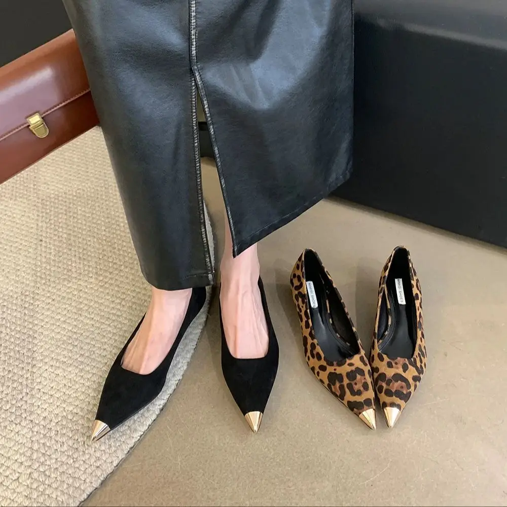 Leopard/Black/Red Women Pumps Pointed Toe Shallow Slip On Thin Mid Heels Metal Toe Dress Shoes Woman Fashion Pumps Size 35-39